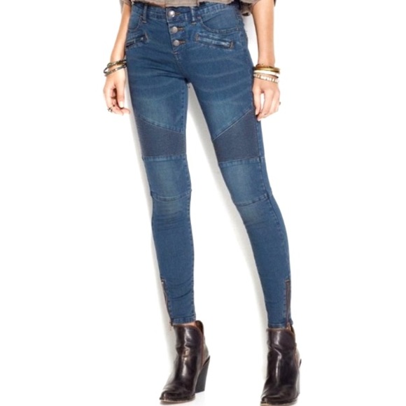 Free People Denim - FREE PEOPLE Seamed Moto Skinny Jeans Denim Distressed Button Fly Size 27